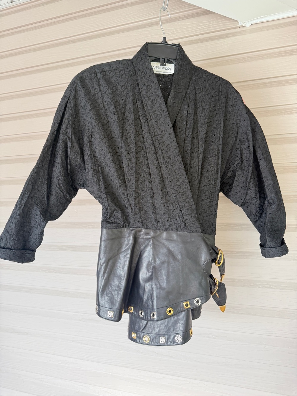Vintage Karen Perry Leather Peplum Wrap Jacket Black Gold Buckles M/L